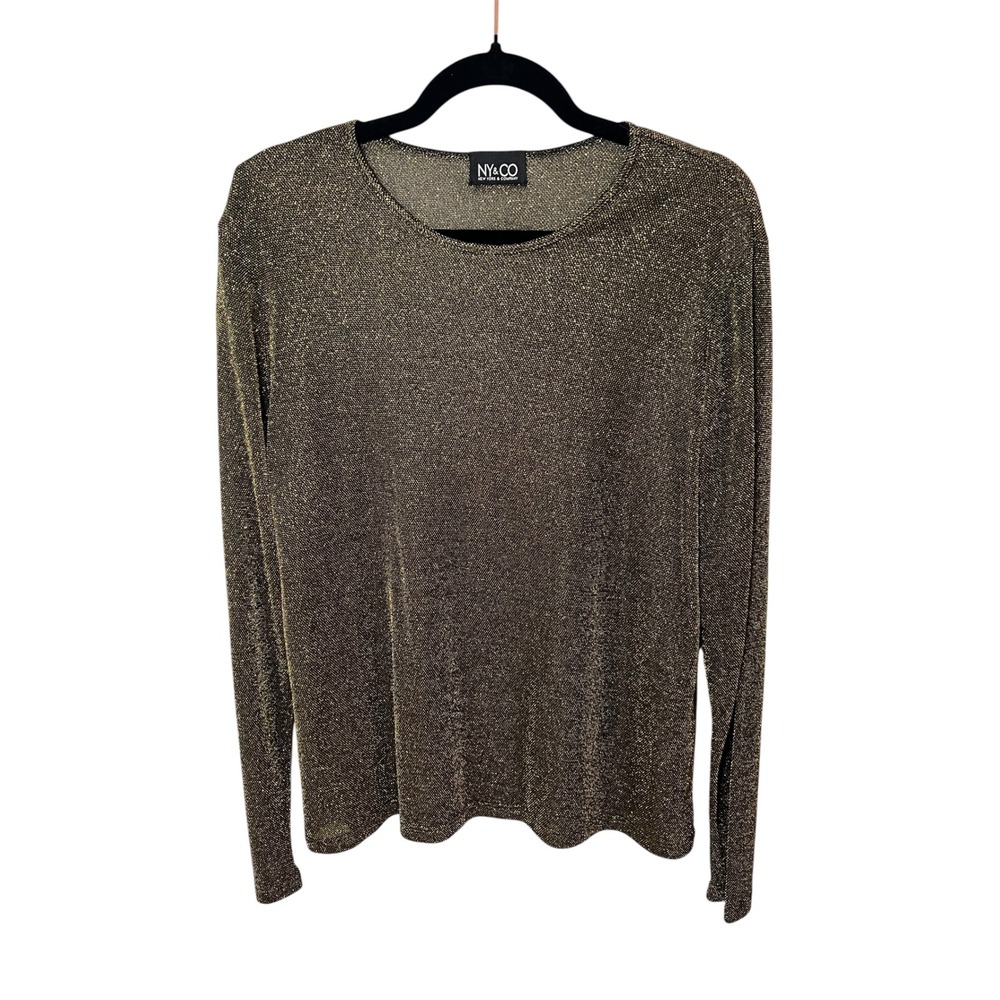 NY&CO Shimmer Metallic Top Gold Sparkle Holiday Long Sleeve Party Blouse L